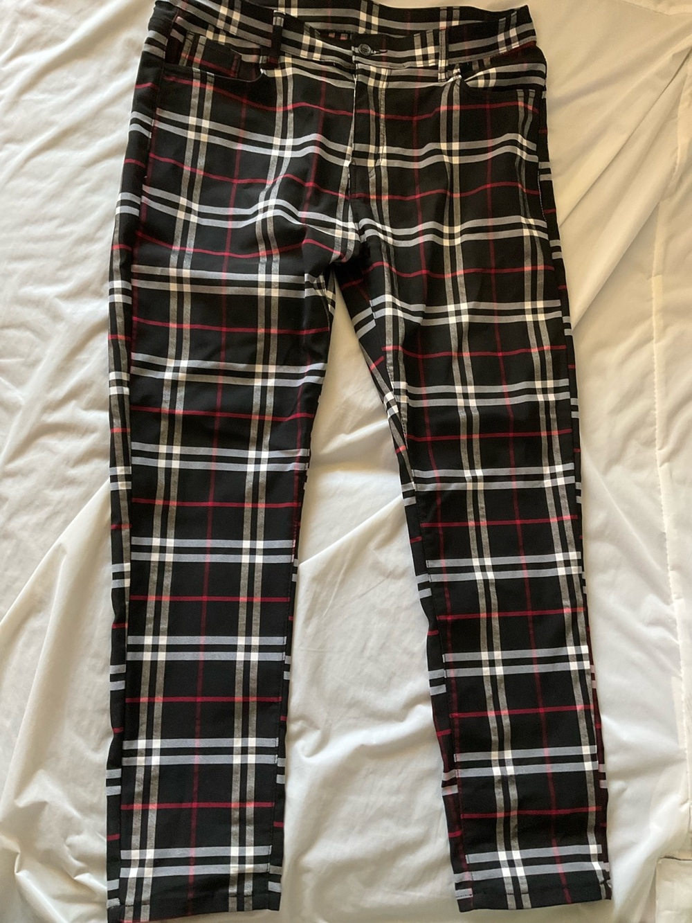 Black Plaid Slim Pants with White and Red Plaid Punk Goth Dark Academia Sz 40